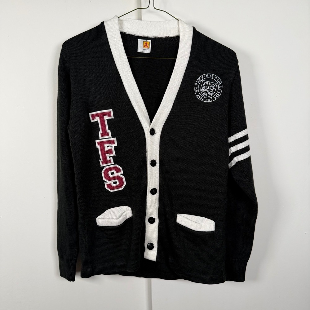 School Varsity Cardigan Sweater Black White L